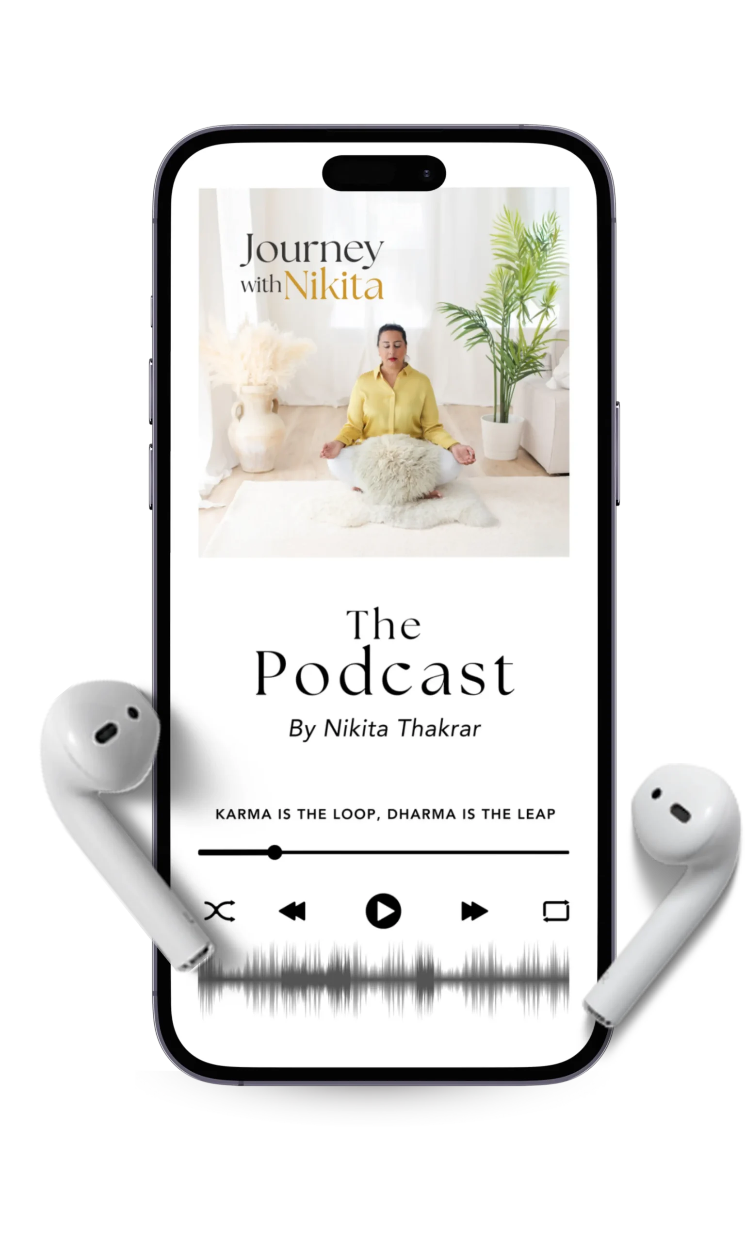 Journey with Nikita spiritual healing podcast UK by Nikita Thakrar displayed on a smartphone with headphones, symbolising mindful listening